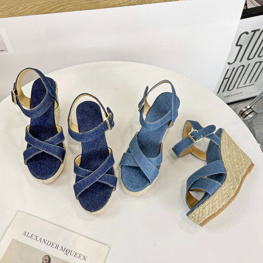 Denim High Wedge Sandals