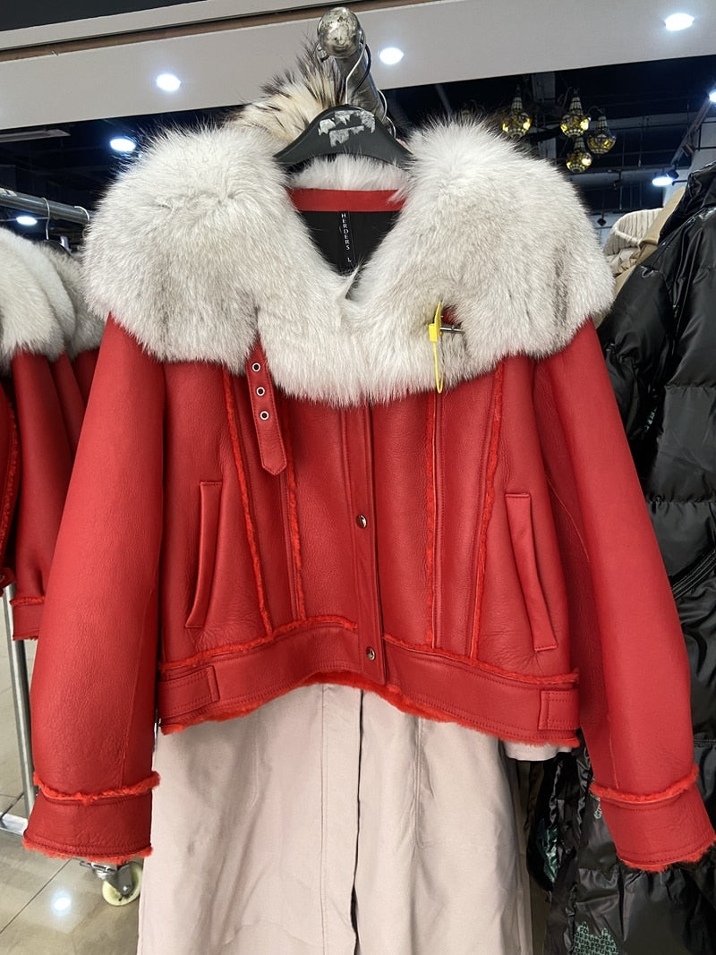 Genuine Leather Moto Jackets Big Fur Collar Shearling Lining