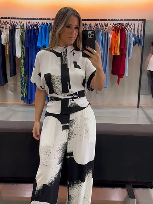 Printed Short Sleeve Blouse & Wide Leg Pant Set