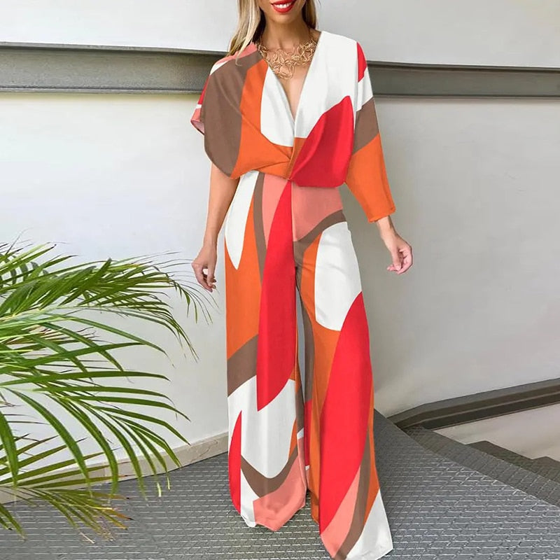 Deep V Short Sleeve Wide Leg Jumpsuits