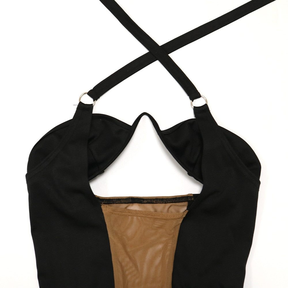 Black Backless Halter Mesh Jumpsuit