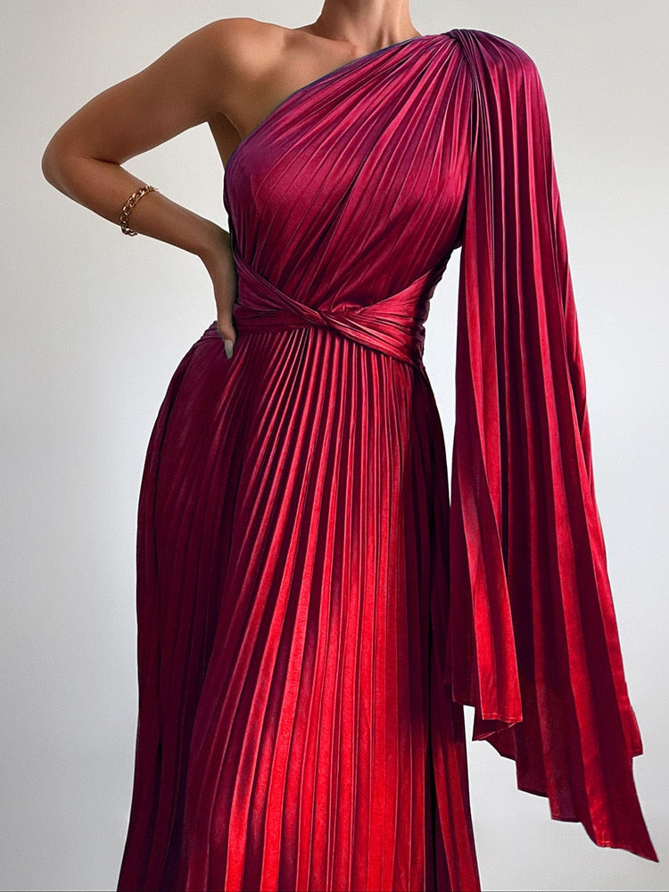One Long Sleeve Pleated Backless Maxi Dresses