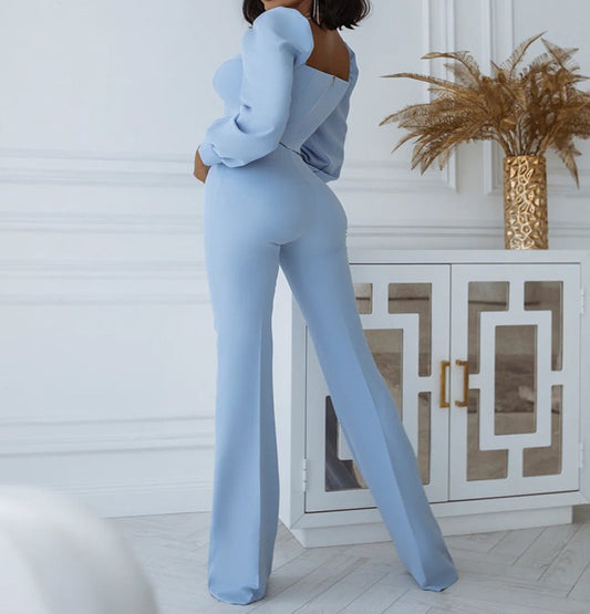 Puff Long Sleeve Crop & Wide Leg Flare Pants Sets