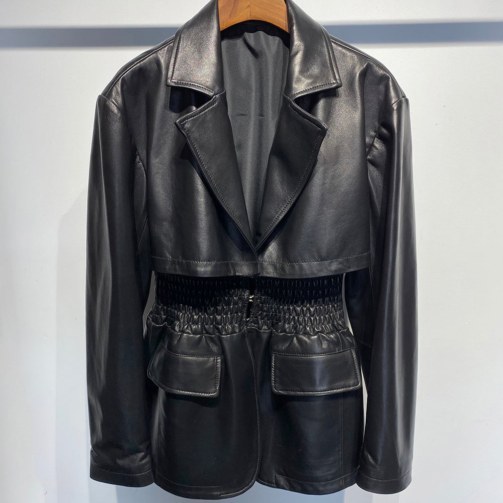 Genuine Leather Wide Cinched Blazer Jackets