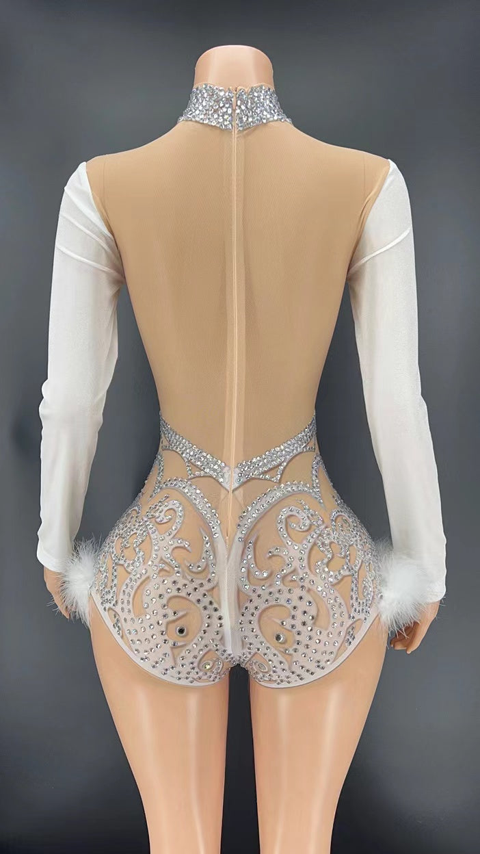 Rhinestone Long Sleeve Mesh Feather Romper