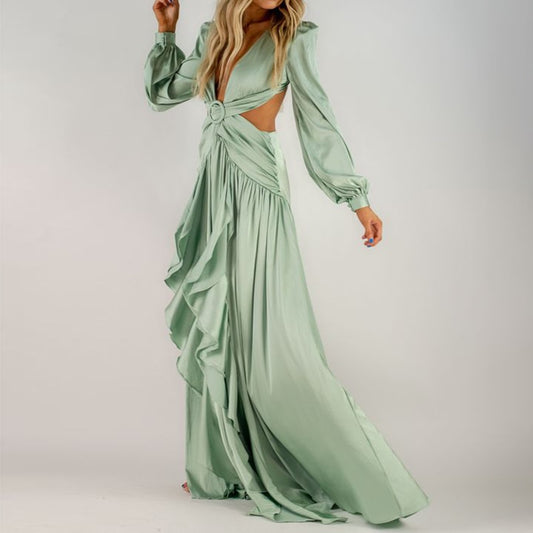 Hollow Pleated Ruffled Long Sleeve Maxi Dresses