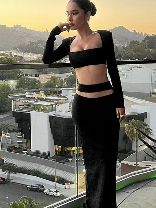 Square Collar Crop Top and Maxi Skirts Sets