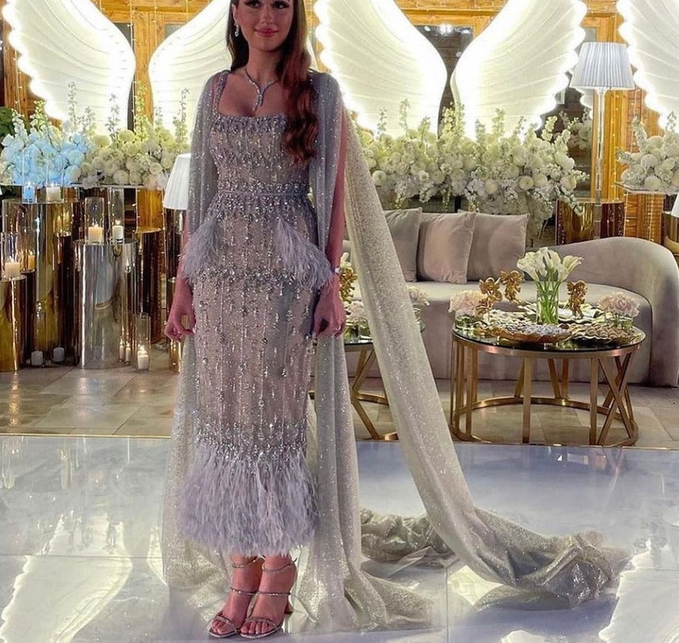 Crystal Feather Cape Sleeve Ankle Length Dresses