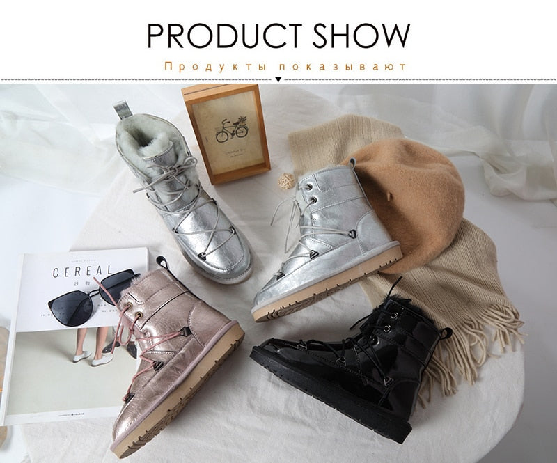 Patent Leather Natural Wool Fur Lined Snow Boots Waterproof