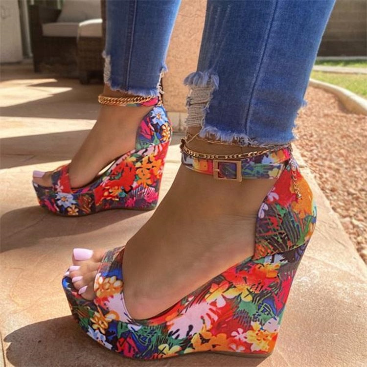 Flowers Open Toe High Wedge Sandals