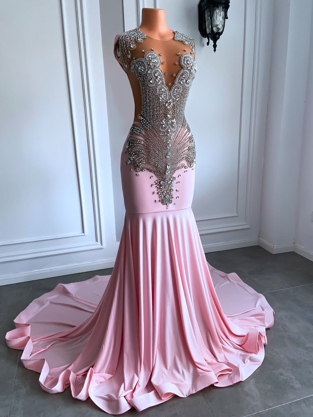 Luxury Diamond Mesh Deep V Mermaid Gala Gowns