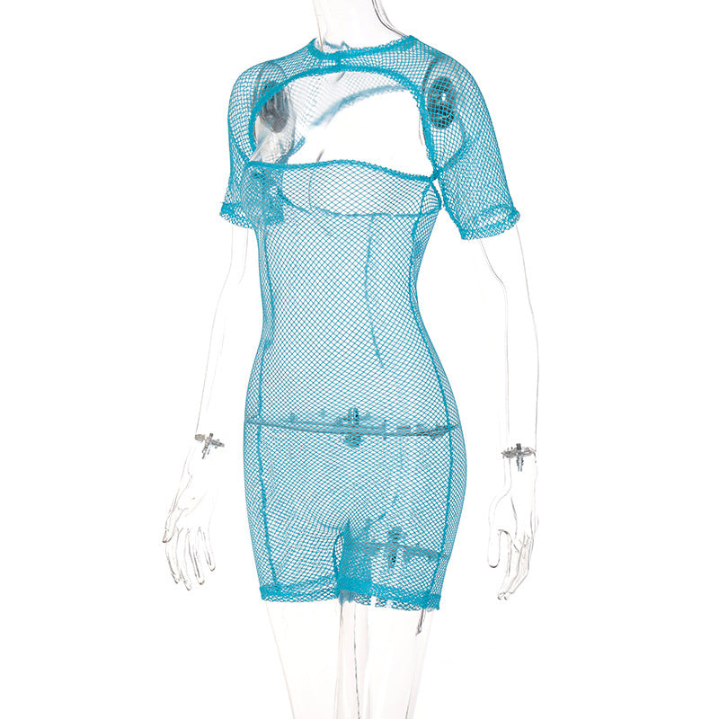 Blue Fishnet Mesh Romper