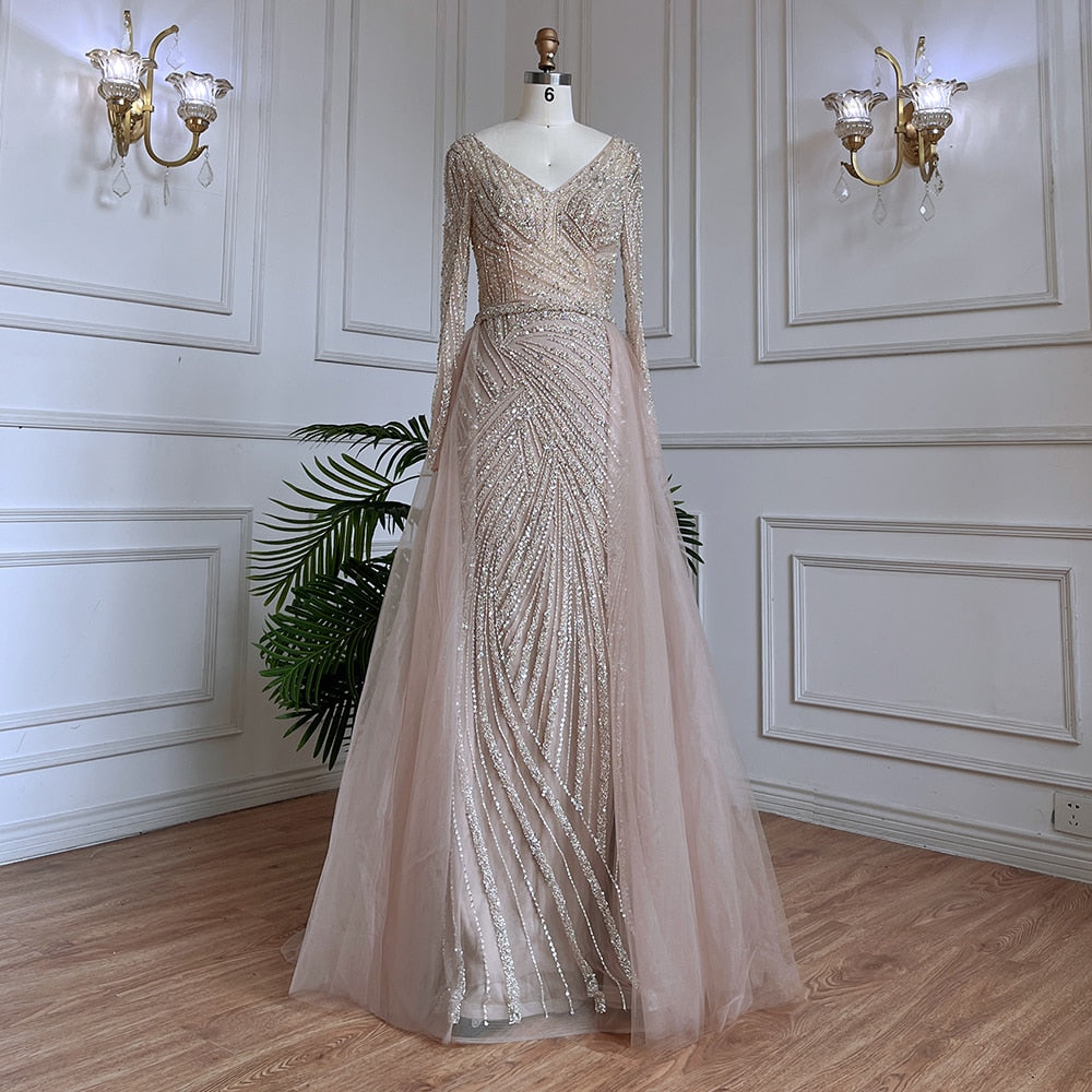 Luxury Beaded Stripe V-Neck Mermaid Floor-Length Dresses