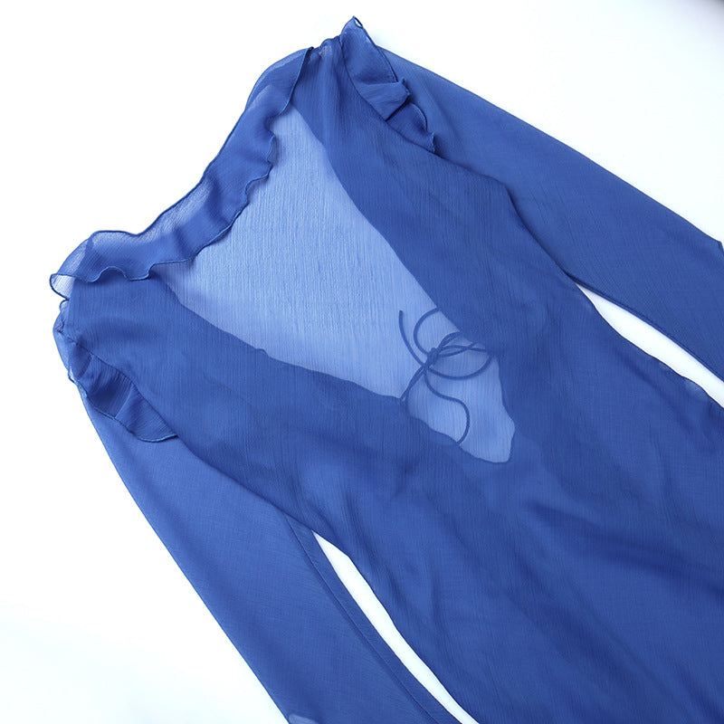 Mesh Long Sleeve Maxi Ruffle Dresses