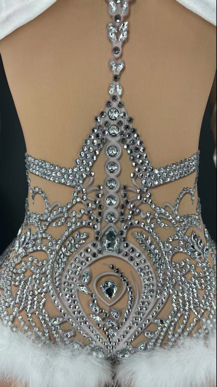 Rhinestone Long Sleeve Mesh Feather Romper