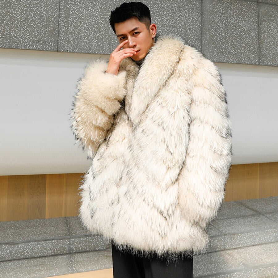 Genuine Real Fur Coat Big Turn-Down Collar Long