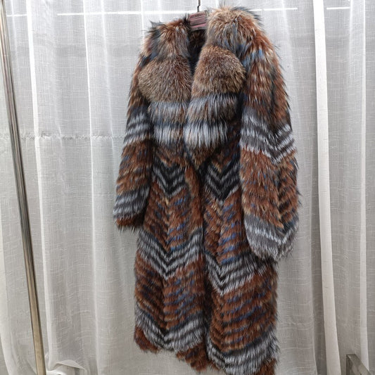 Thin Striped Color Pattern Real Fox Fur Coats X-Long