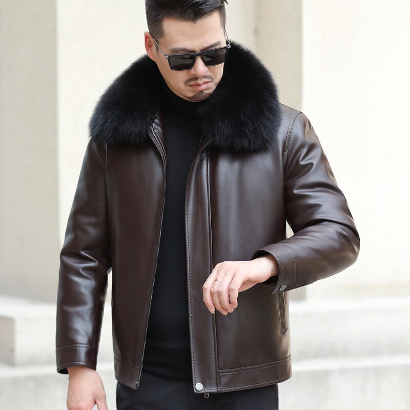 Genuine Leather Duck Down Coat Big Real Fur Collar