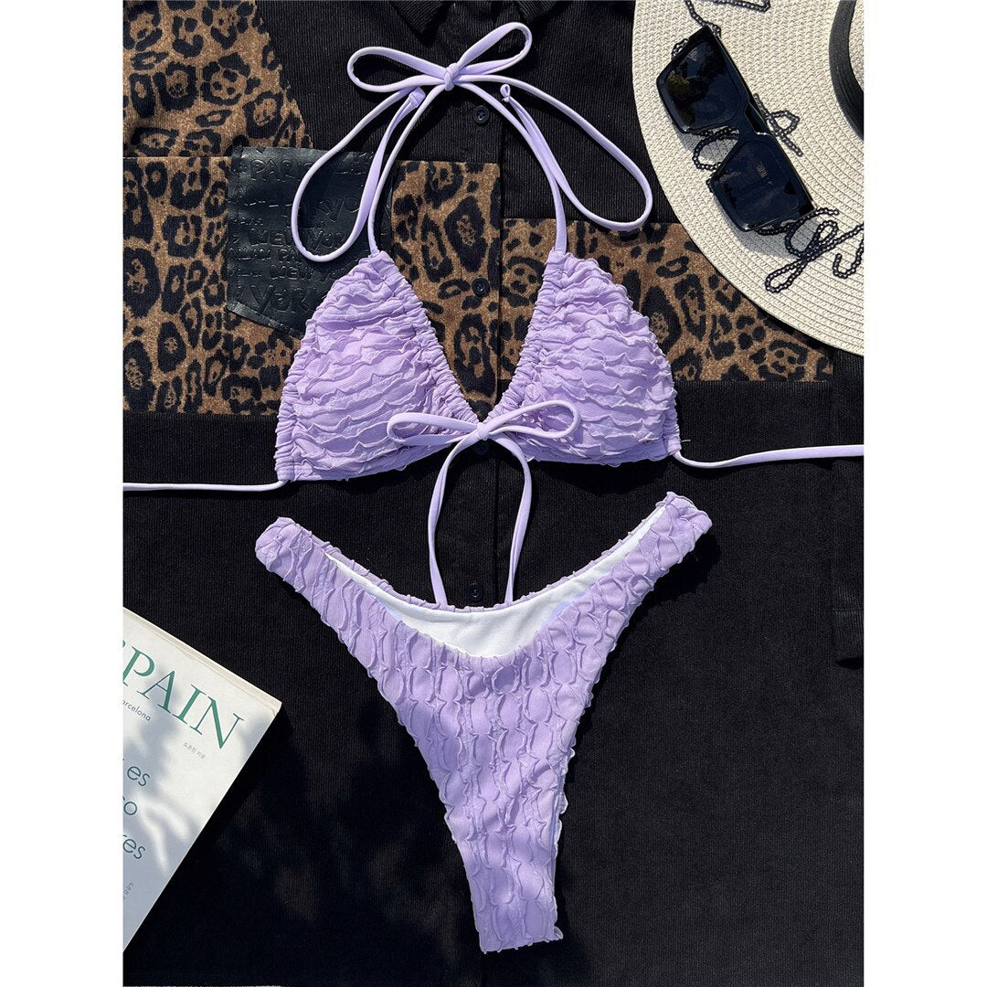 Wrinkled Wrap Halter Brazilian Bikini Set