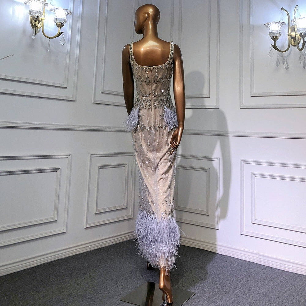Crystal Feather Cape Sleeve Ankle Length Dresses