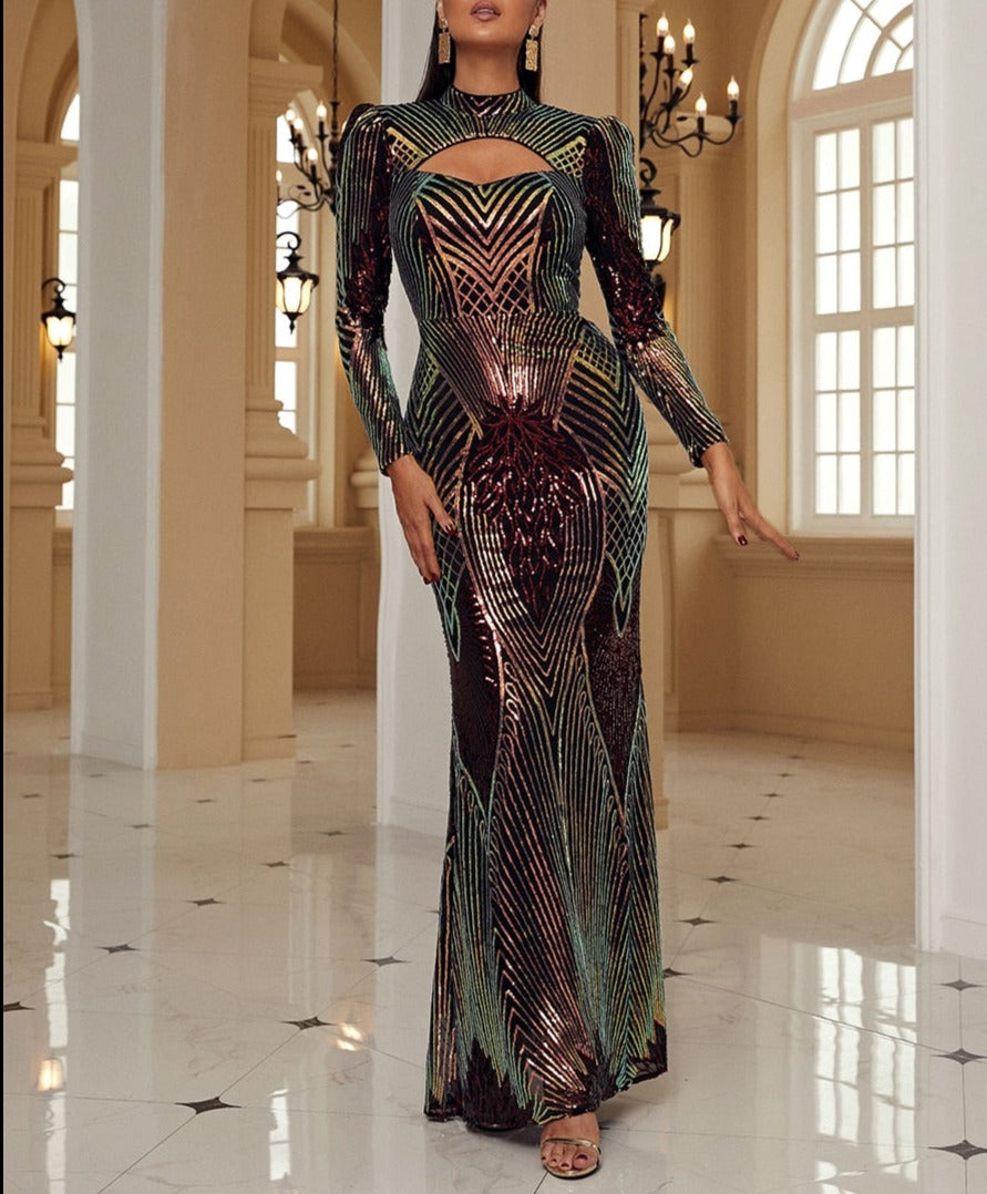 Gold Sequin Sleeved Hollow Chest Maxi Dress