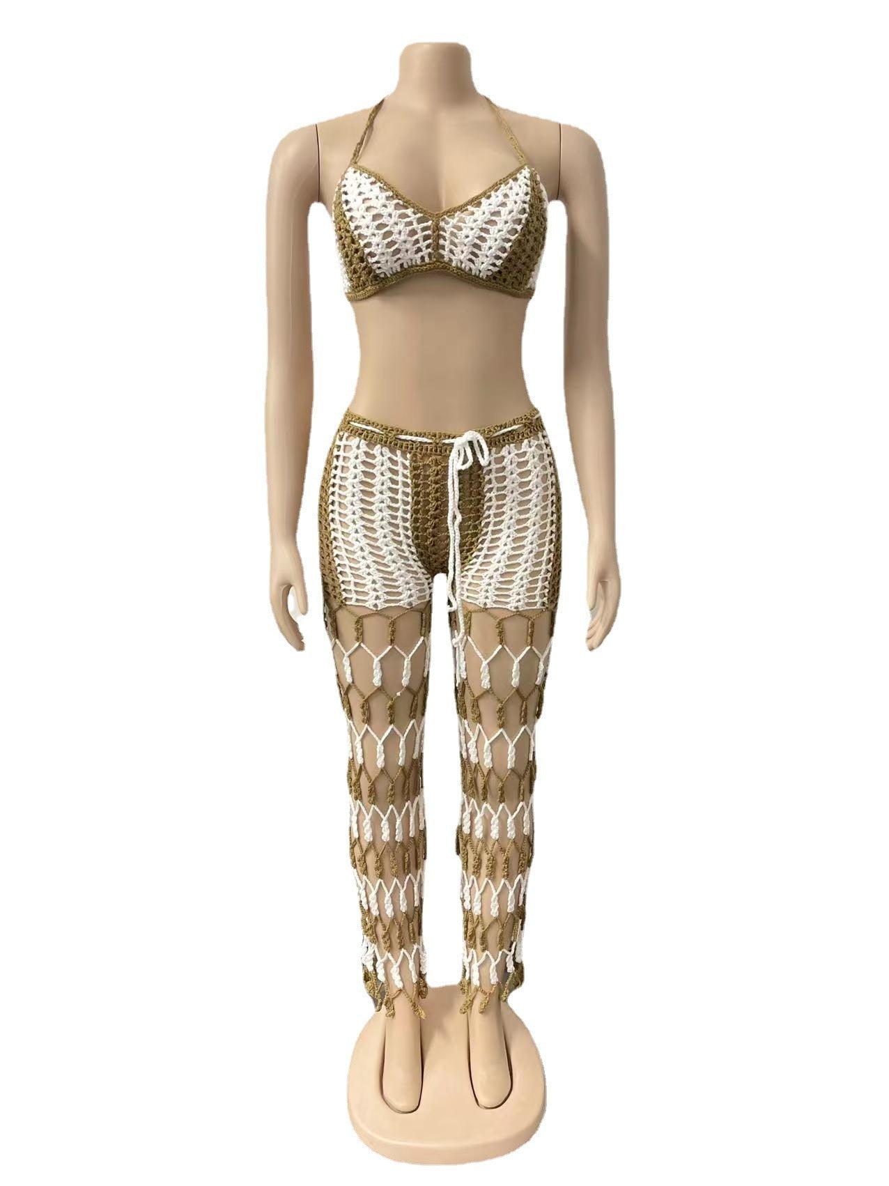 Crochet Knit Rib Lace Up Bra Crop Top + Fishnet Pants