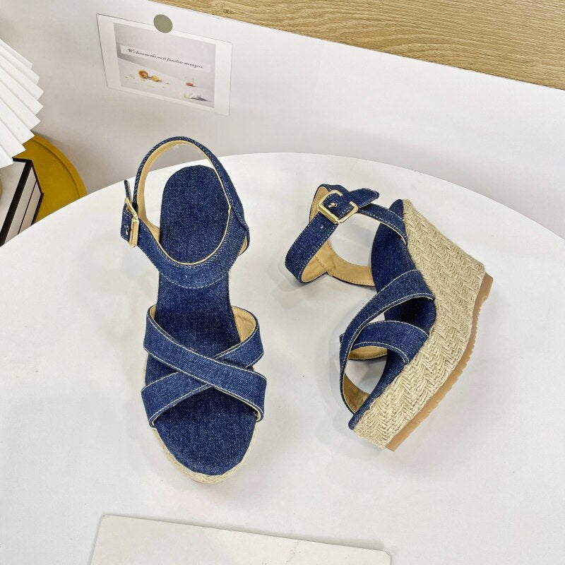 Denim High Wedge Sandals