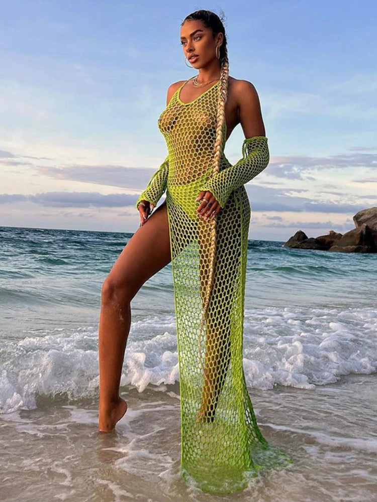 Hollow Ring Backless Split Maxi Dresses Cover-up
