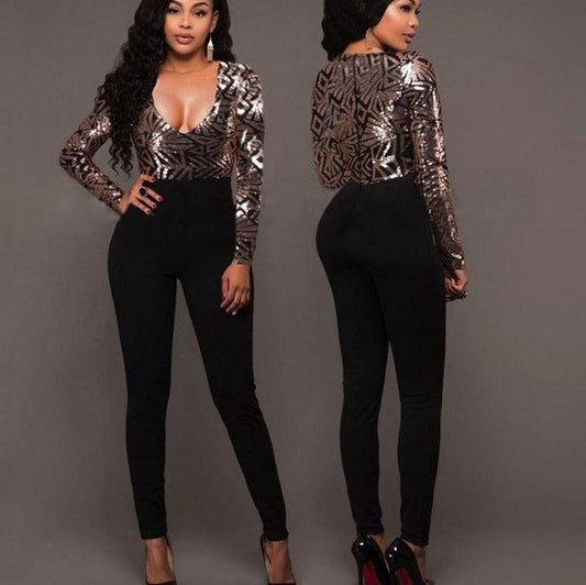 Gold Sequins Deep V Long Sleeve Jumpsuit