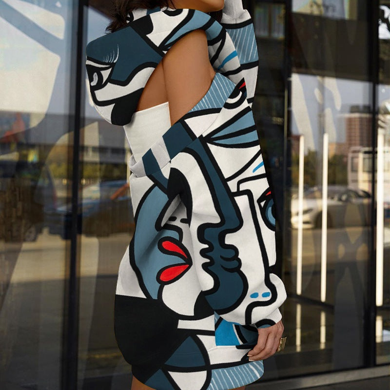 Open Shoulder Backless Printed Hoodie Dresses