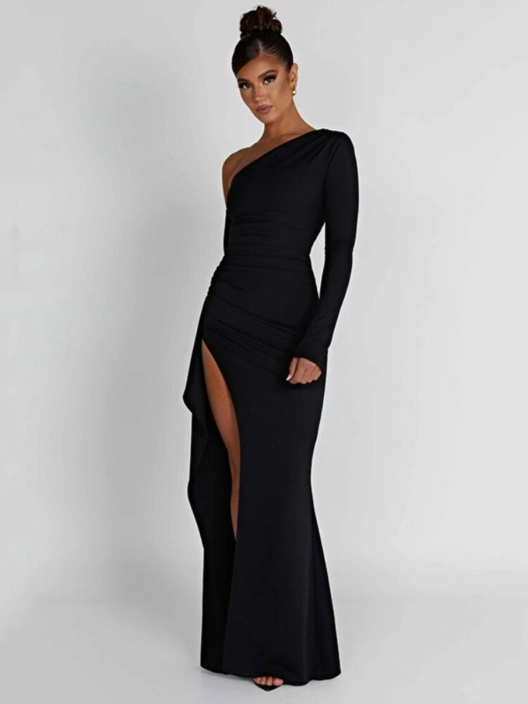 Black One Shoulder High Split Maxi Dress
