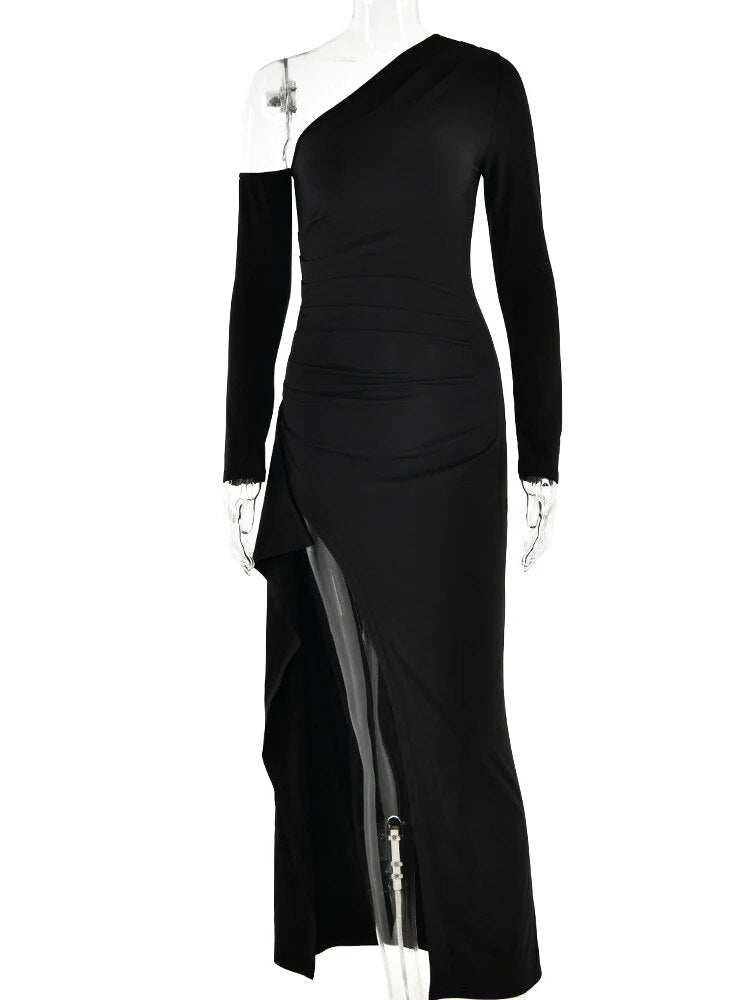 Black One Shoulder High Split Maxi Dress