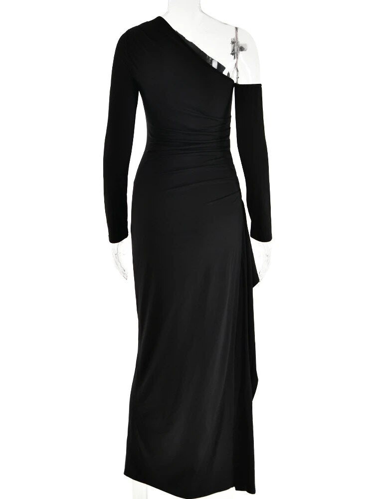 Black One Shoulder High Split Maxi Dress