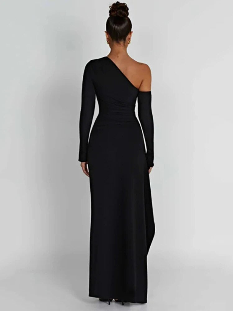 Black One Shoulder High Split Maxi Dress
