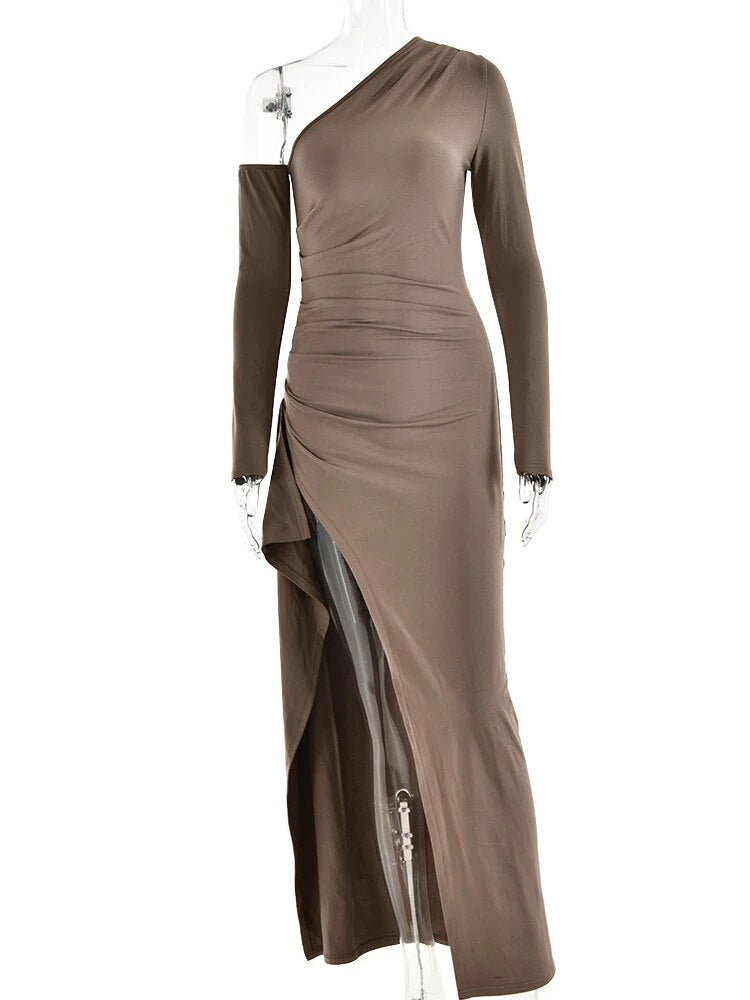 Black One Shoulder High Split Maxi Dress