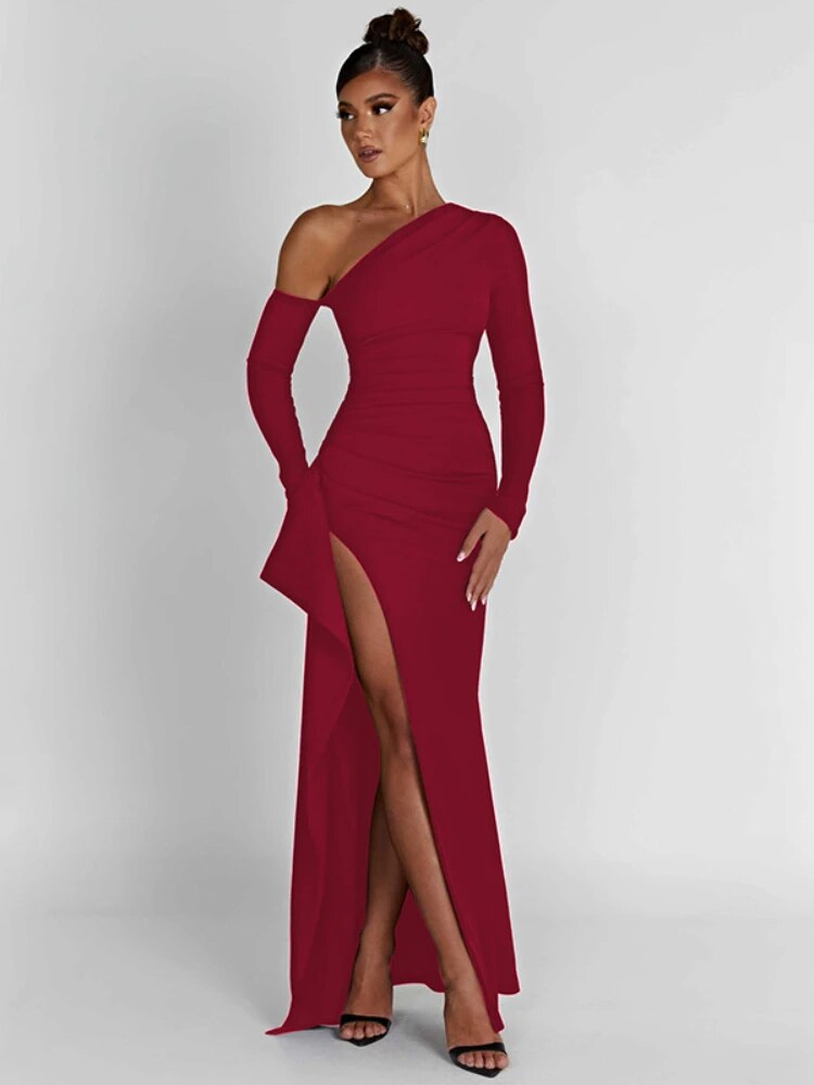 Black One Shoulder High Split Maxi Dress