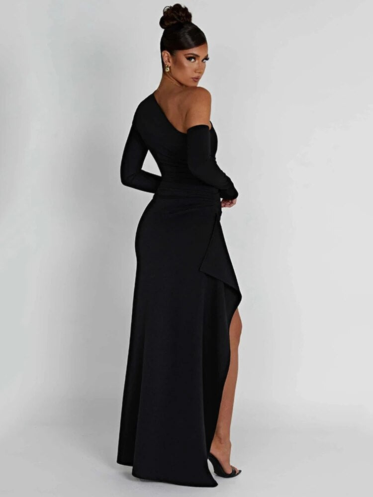Black One Shoulder High Split Maxi Dress