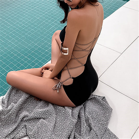 Black One Shoulder Cut Out Bandage Backless Monokini