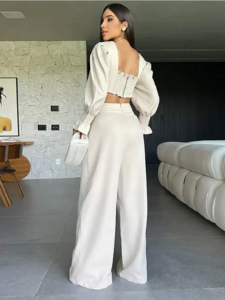 Flower Backless Crop Top & Wide Leg Pants Set