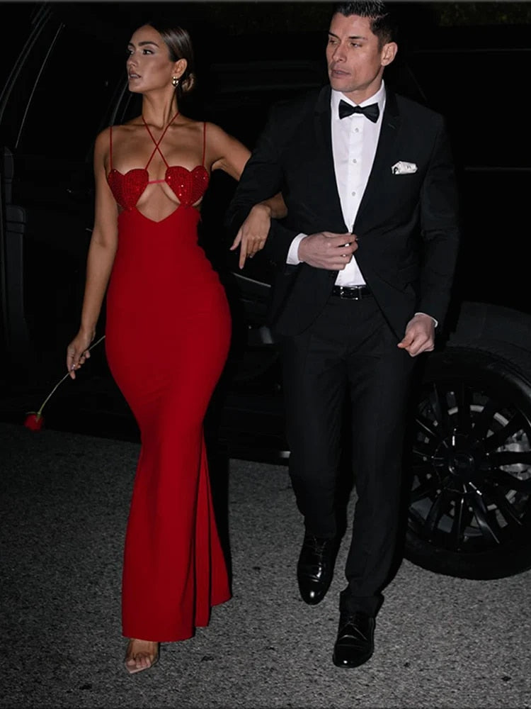 Hollow Shiny Heart Sling Long Dresses