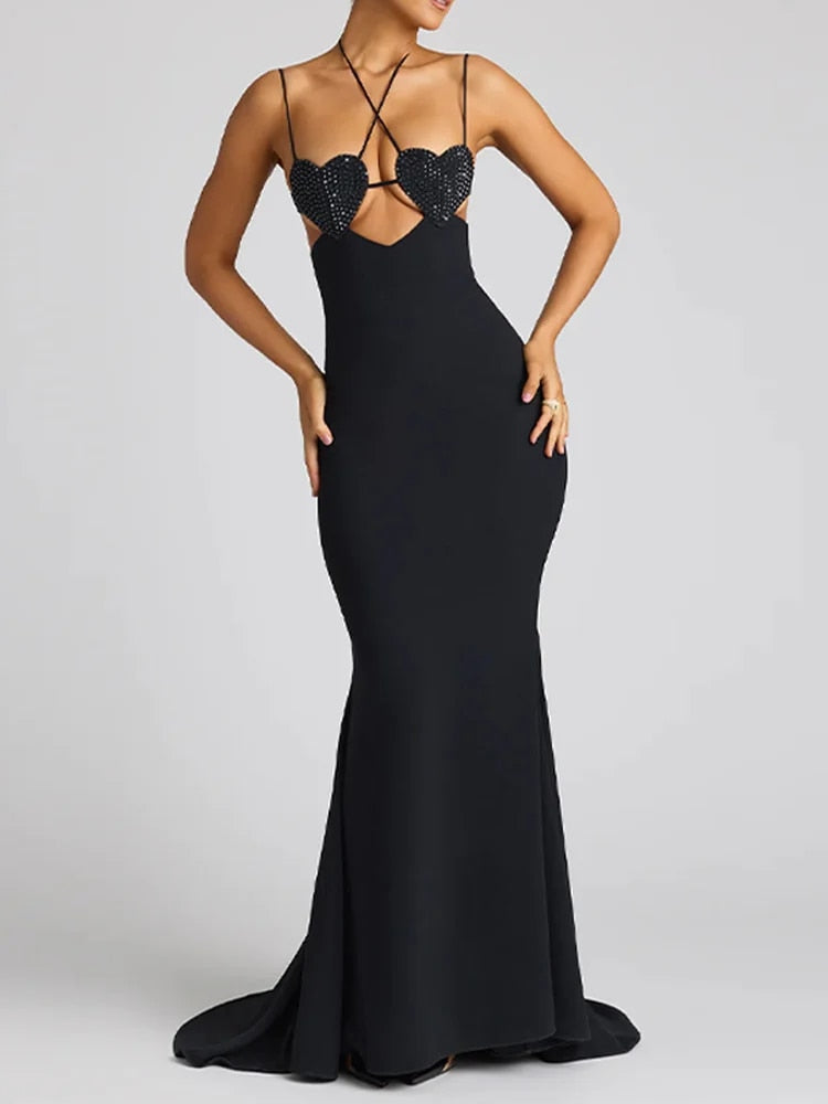 Hollow Shiny Heart Sling Long Dresses