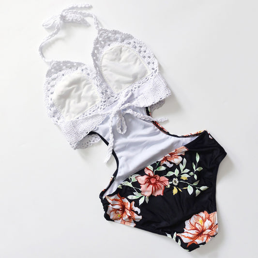 White Crochet Floral High Waist One Piece