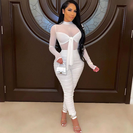 Mesh Sheer Long Sleeve Bow Tie Ruched Jumpsuits