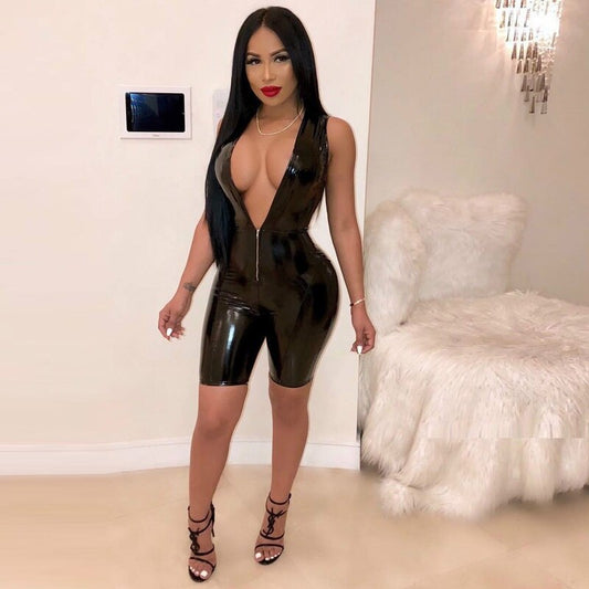 PU Leather Sleeveless Deep V Zipper Rompers