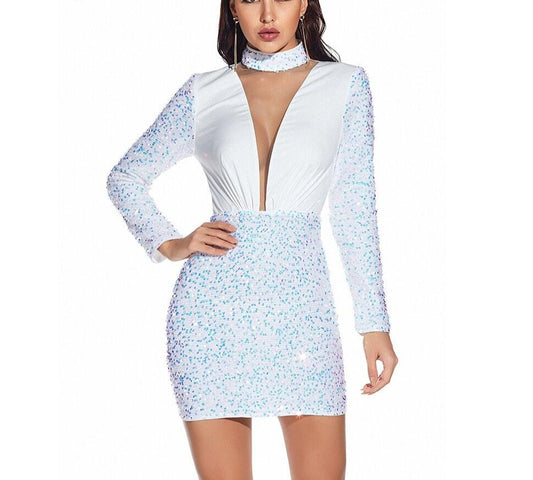 Deep V Sequin Long Sleeve Mini Dresses