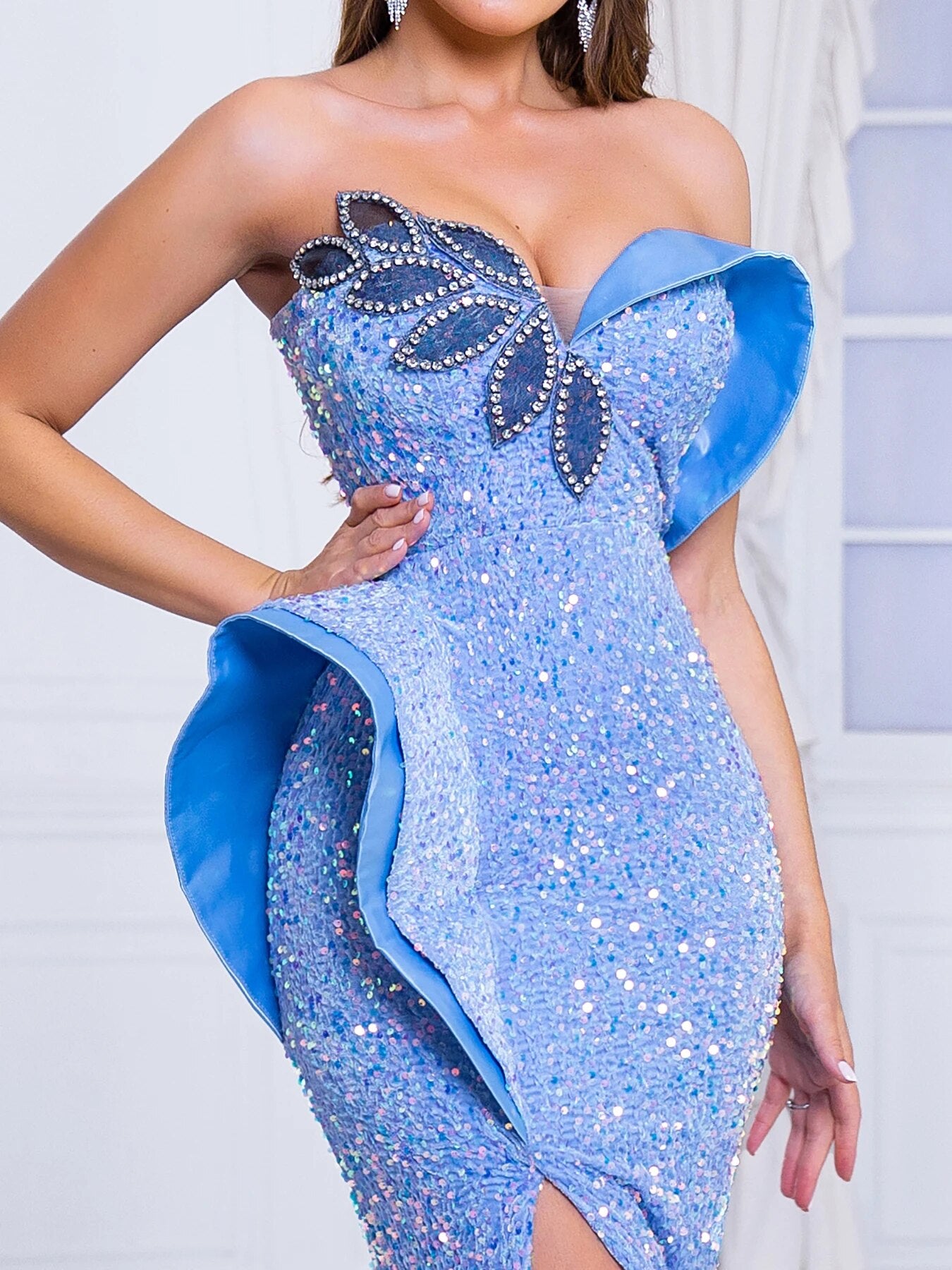 Sequin Rhinestone Leaf Sleeveless Backless Front Slit Dresses