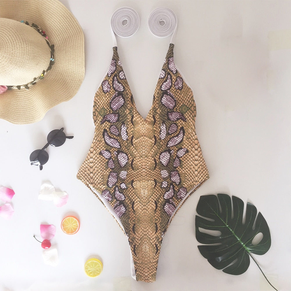 Snake Print Bandage Backless High Cut Push Up Padded One Pieces