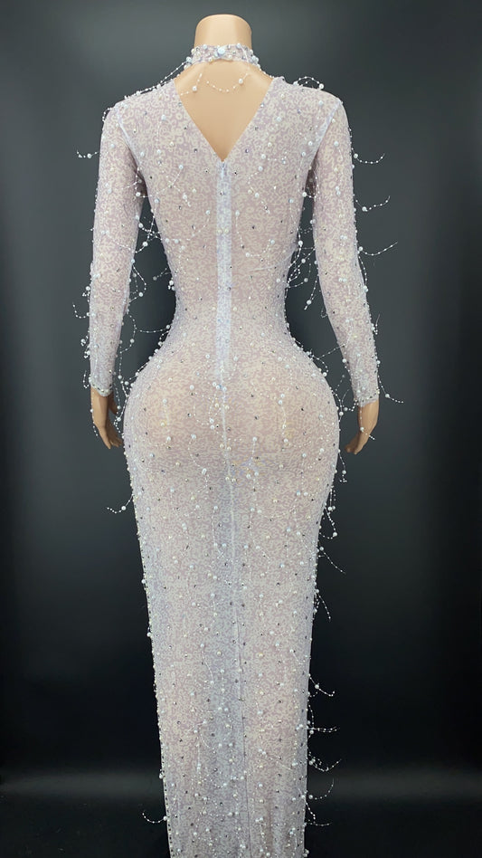 Silver Rhinestone Pearls High Slit Maxi Dress