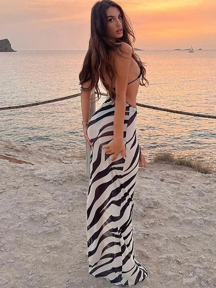 Zebra Striped See-through Long Dress