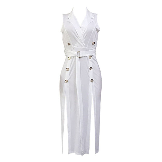 Sleeveless Deep V Buttons Split Hem Waist Belt Dresses